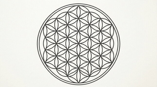 Black Flower of Life geometric pattern on white background.