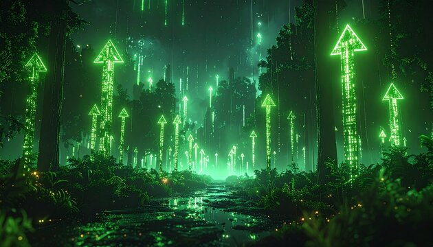 深い森に立ち上る緑の発光矢印 自然とデジタルが融合した成長イメージの幻想的背景