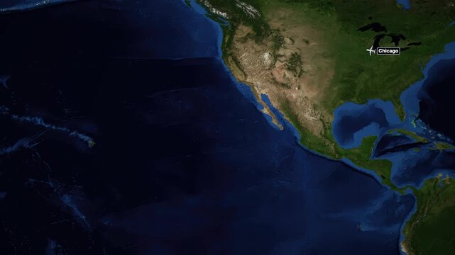 Animated Flight Route Map from Chicago to Honolulu Over North America