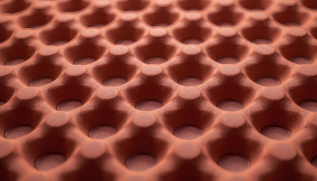 Abstract macro photograph of a terracotta geometric grid pattern with repetitive dimples and soft shadows creating a modern 3D clay texture.