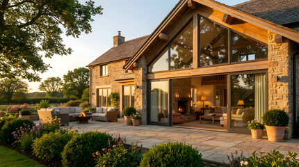 Fototapeta premium Luxury stone house exterior with large windows and patio at sunset modern residential architecture
