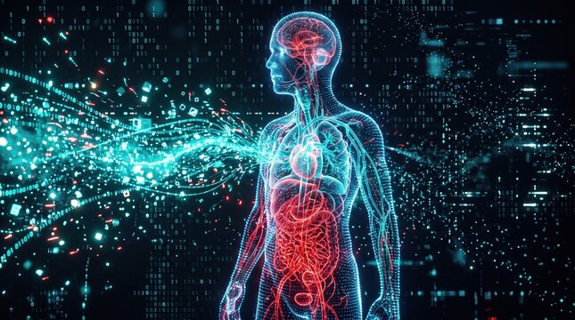 Abstract digital illustration of glowing transparent human silhouette showing internal organs heart lungs intestines with binary code data streams on dark blue background for medical technology concep