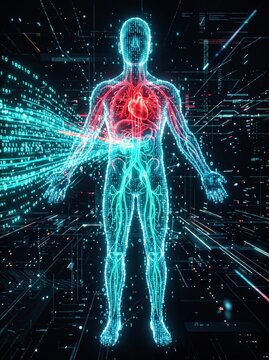 Abstract digital illustration of glowing transparent human silhouette showing internal organs heart lungs intestines with binary code data streams on dark blue background for medical technology concep