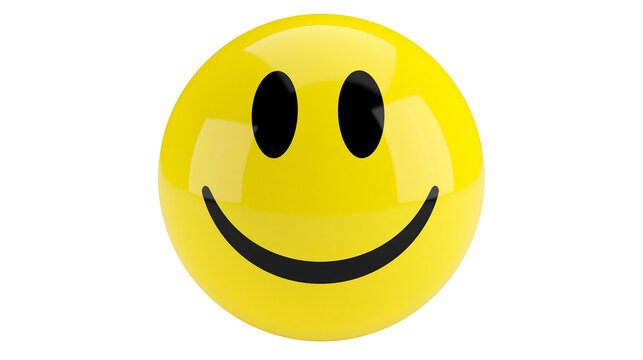 Glossy yellow smiley face with black eyes and mouth, isolated on transparent background