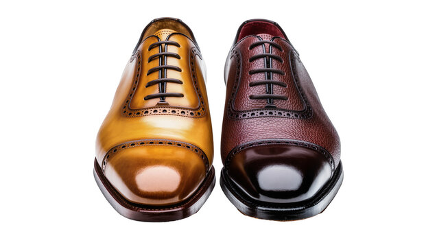 Two Oxford dress shoes one tan and one burgundy, with brogue detailing