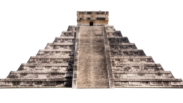 Stone Mayan pyramid with steep stairs and top temple structure