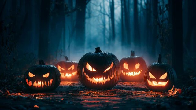 Halloween pumpkins glow in dark forest at night with spooky faces