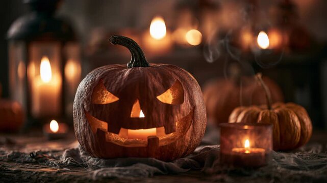 Halloween pumpkin sits on a table with candles and spooky decorations at night in a home setting