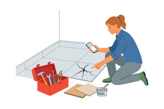 Woman repairing floor tiles with toolkit and smartphone.