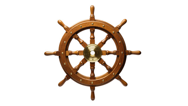Wooden ship steering wheel with brass accents