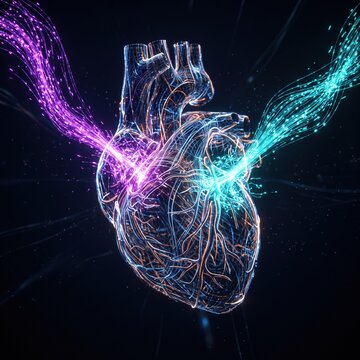 Stunning abstract digital illustration of glowing wireframe human heart with vibrant purple and teal energy wave streams flowing across dark navy blue background for cardiology and science concept.