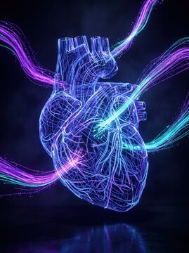 Stunning abstract digital illustration of glowing wireframe human heart with vibrant purple and teal energy wave streams flowing across dark navy blue background for cardiology and science concept.