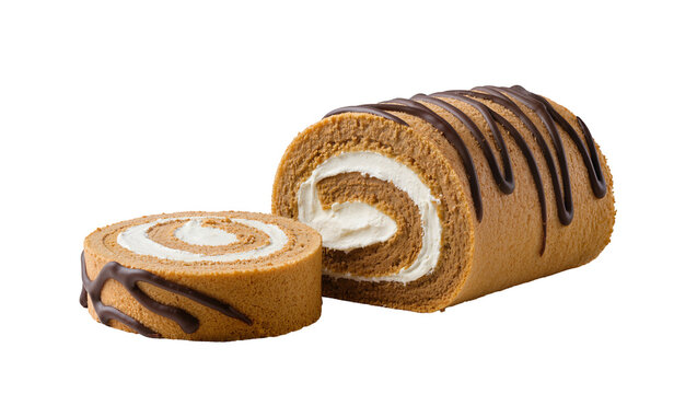 Chocolate drizzled Swiss roll cake with cream filling and slice