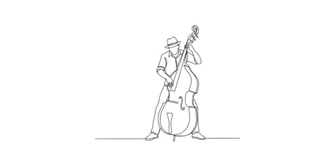 Obraz premium Continuous single line drawing of a man playing a double bass instrument with a fedora hat in a jazz music performance style