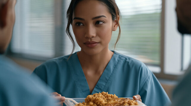 A Filipina nurse in scrubs eats traditional rice and fish from a container in a hospital break room, a coworker glancing at her food, expression unreadable, ideal for cultural