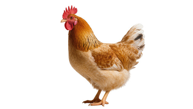 Brown and white hen with red comb and wattle