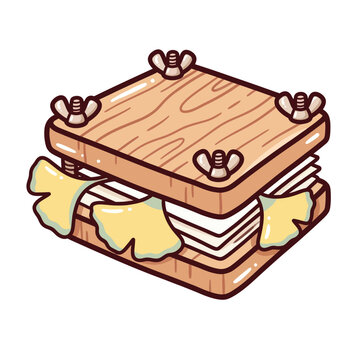 A wooden flower press with ginkgo leaves drying inside while pressed between pages with wingnuts tightening it