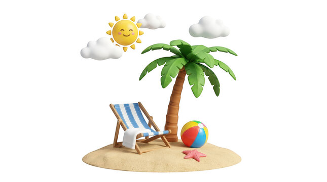 3d illustration of a summer beach scene with a palm tree, deck chair, beach ball, starfish, and a smiling sun isolated on transparent background