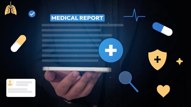 4k animation of digital healthcare concept featuring smartphone, medical report, heart shield, magnifying glass, lungs and pulse shape, hovering design