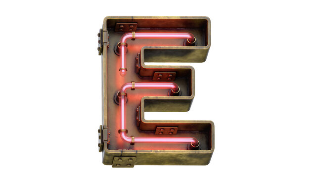 Brass neon letter E with pink glowing tubes and rivets