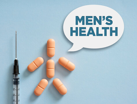 Men's Health message with pills and syringe