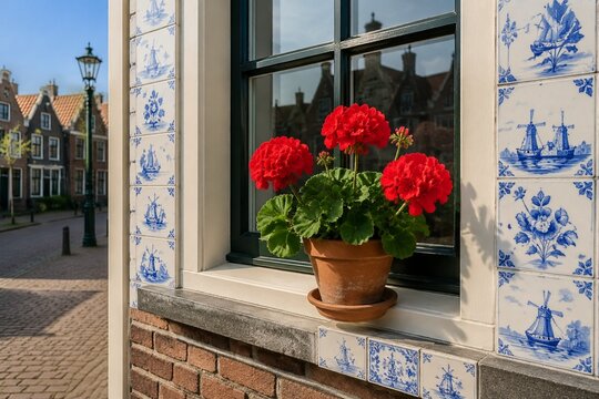 Windowsill in a Dutch town with pot of geraniums against blue and white tiled wall.