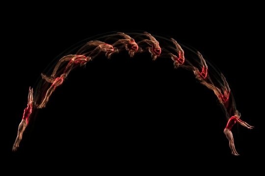 Overlapping motion blur arcs tracing a gymnast's path on dark background.