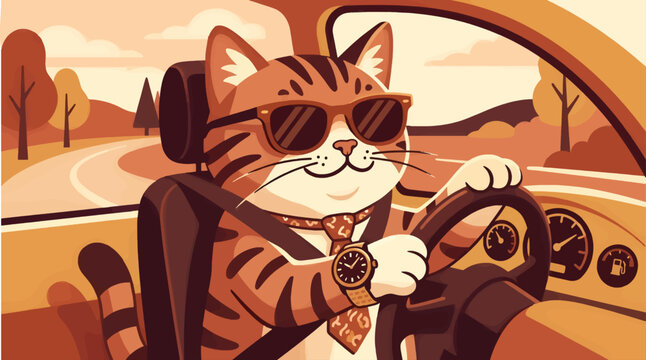 Cute Cartoon Tabby Cat Wearing Sunglasses and Casual Tie, Driving a Car with Dashboard Gauges Visible, Scenic Autumn Landscape Background