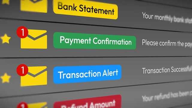 4K animation of email notifications for transaction alerts, refund amounts and login alerts on digital screen interface