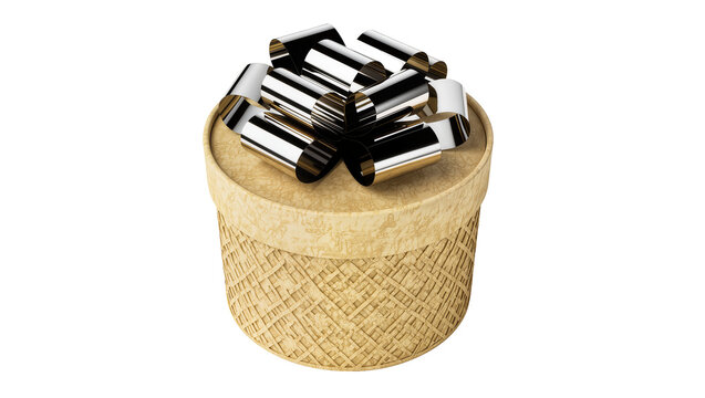 Round textured gift box with metallic ribbon bow