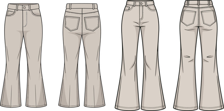 Women flare jeans technical sketch template front and back view bell bottom pants isolated on white background fashion mockup
