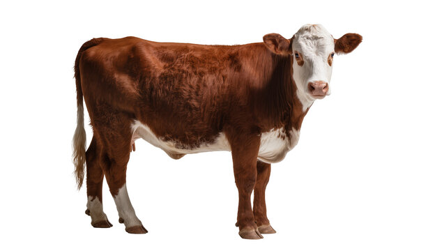 Brown and white cow standing on white
