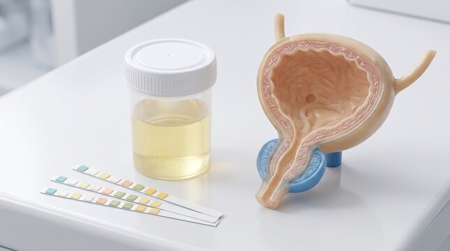 Urinalysis test strips and urine sample container beside bladder anatomical model, concept of urinary tract infection, bladder health and urology diagnostics