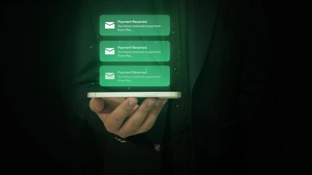 4k animation video clip of smartphone payment notifications with digital shapes and green holographic effect, digital payment, banking,