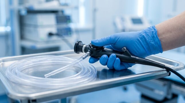 Gloved urologist holding cystoscope control handle with irrigation tubing on sterile tray, preparation for cystoscopy in modern urology clinic