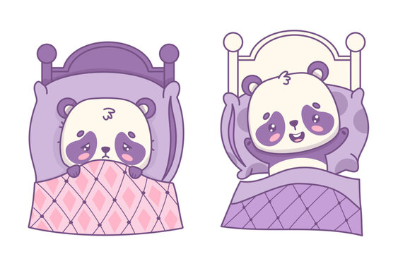 Sad And Happy Panda Kawaii Bear In Bed With Blanket And Pillow. Cute Cartoon Animal Contrast Emotions Collection. Isolated Vector Illustration