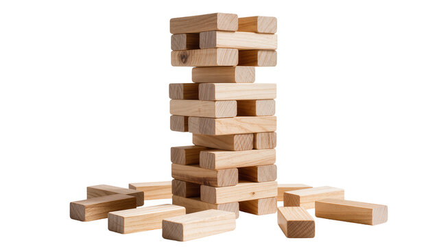 Wooden Jenga Tower Game Blocks Stacked and Scattered