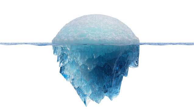 Iceberg floating in clear blue water, mostly submerged