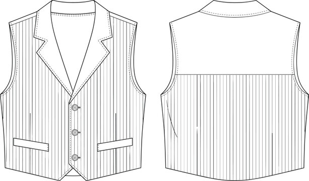 Women pinstripe tailored waistcoat vest technical sketch template with lapel collar front and back view fashion mockup