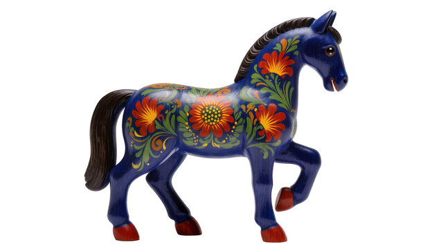 Blue wooden horse figurine with red and yellow floral folk art painting