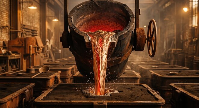 Heavy metallurgical industry. Pouring of liquid molten steel from a massive glowing ladle into sand molds at a foundry. Bright sparks and extreme heat in a dark, atmospheric factory setting.