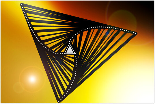 Tri&aacute;ngulo infinito geometr&iacute;a simetr&iacute;a y laberinto psicod&eacute;lico de catetos, v&eacute;rtice, base e hipotenusa con brillos con fondo dorado fuego amarillo y naranja y reflejos de lente