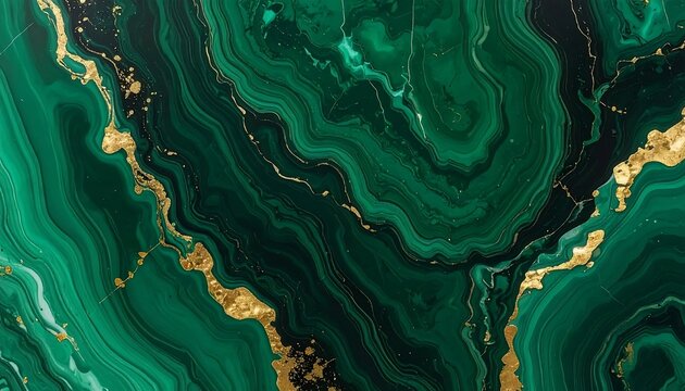 Close-up of richly textured, swirling emerald and forest green patterns, interwoven with shimmering golden veins