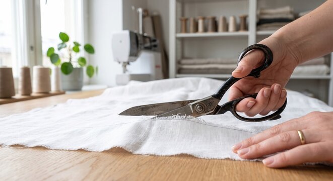 Close-up of female hands using vintage metal scissors to cut white linen fabric on a wooden table. A sewing machine and thread spools are visible in the blurred background of a bright tailor studio