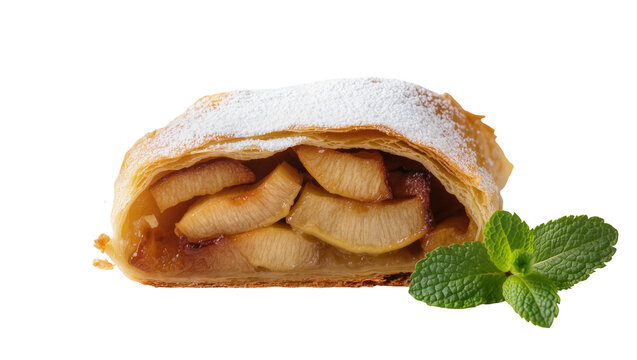 Apple strudel pastry with powdered sugar and mint leaf garnish