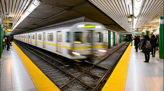 Busy subway platform with commuters awaiting train arrival during peak hours in an urban setting
