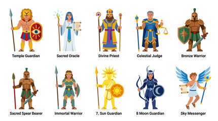 Fototapeta premium Ancient mythology guardian character set of 9: temple guardian, sacred oracle, divine priest, celestial judge, immortal warrior, sacred spear bearer, sun guardian, moon guardian, sky messenger