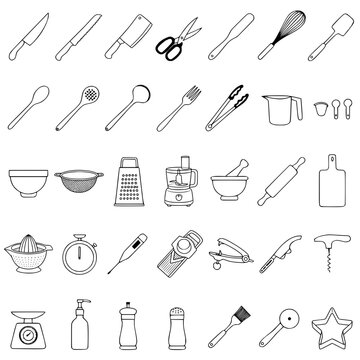 Premium Minimalist Kitchen Utensils Icon Set, Culinary Tools Line Art Collection, Vector Cooking Equipment Illustrations