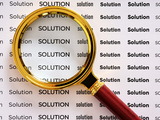 Magnifying glass highlighting solution text for discovering answers