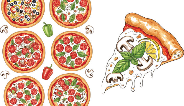 Vector illustration set of delicious Italian pizza featuring seamless pattern of whole pies, assorted pepperoni toppings, margherita, and melting cheese slice on white background